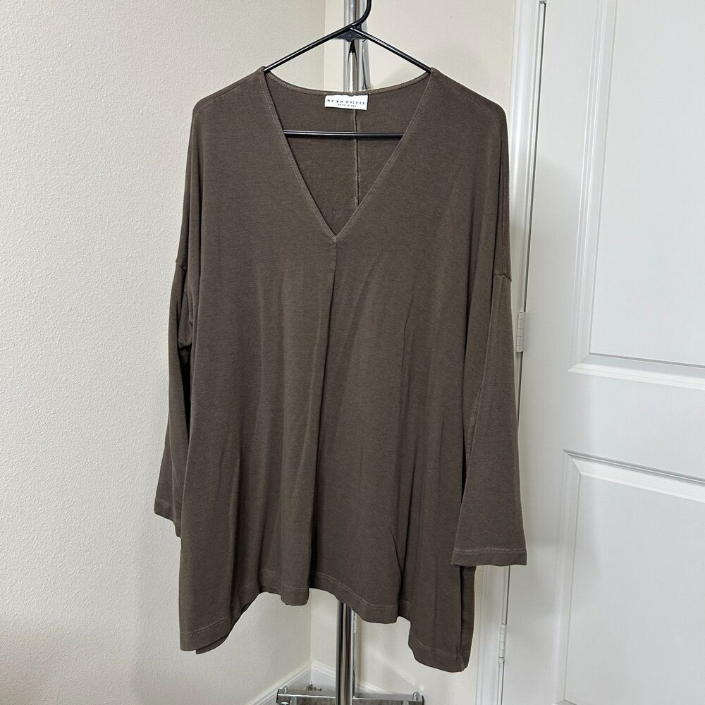 Bryn Walker Tunic Top XL Brown Siro Rayon Stretch Oversized V Neck USA Lagenlook